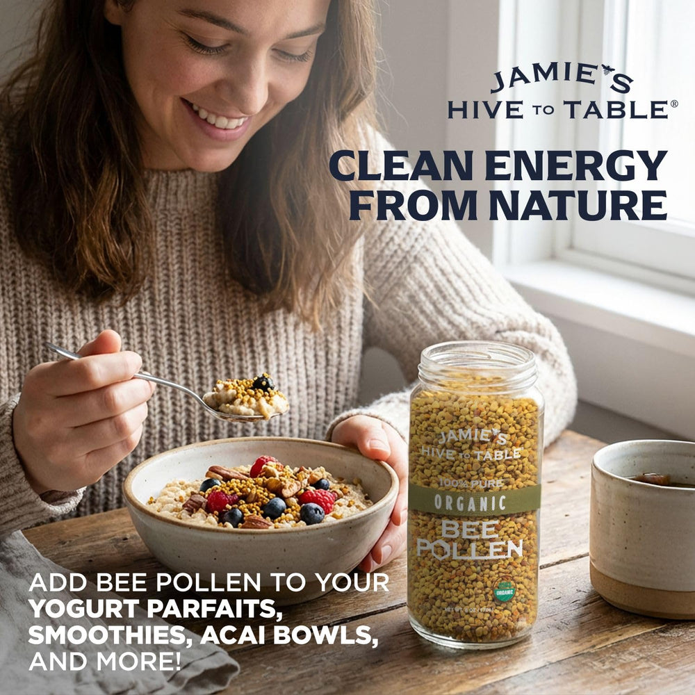 Jamie’s Hive to Table organic bee pollen close-up signaling premium ingredients and purity.