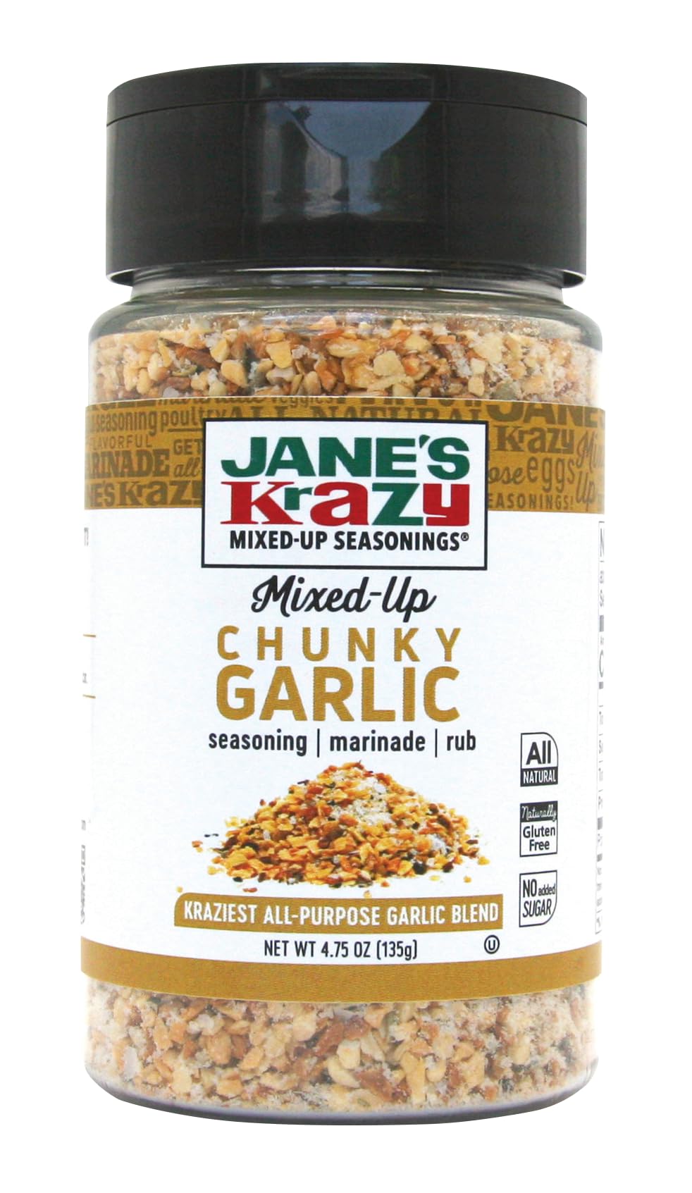 Jane's Krazy Chunky Mixed-Up Garlic Seasoning shaker can on kitchen counter for versatile meals