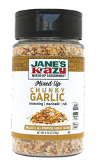 Jane's Krazy Chunky Mixed-Up Garlic Seasoning shaker can on kitchen counter for versatile meals