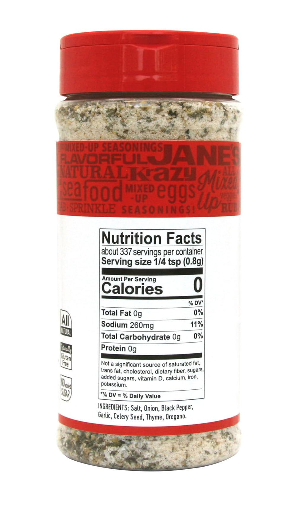 Jane's Krazy Mixed-up Original Salt Blend jar pouring onto roasted potatoes.