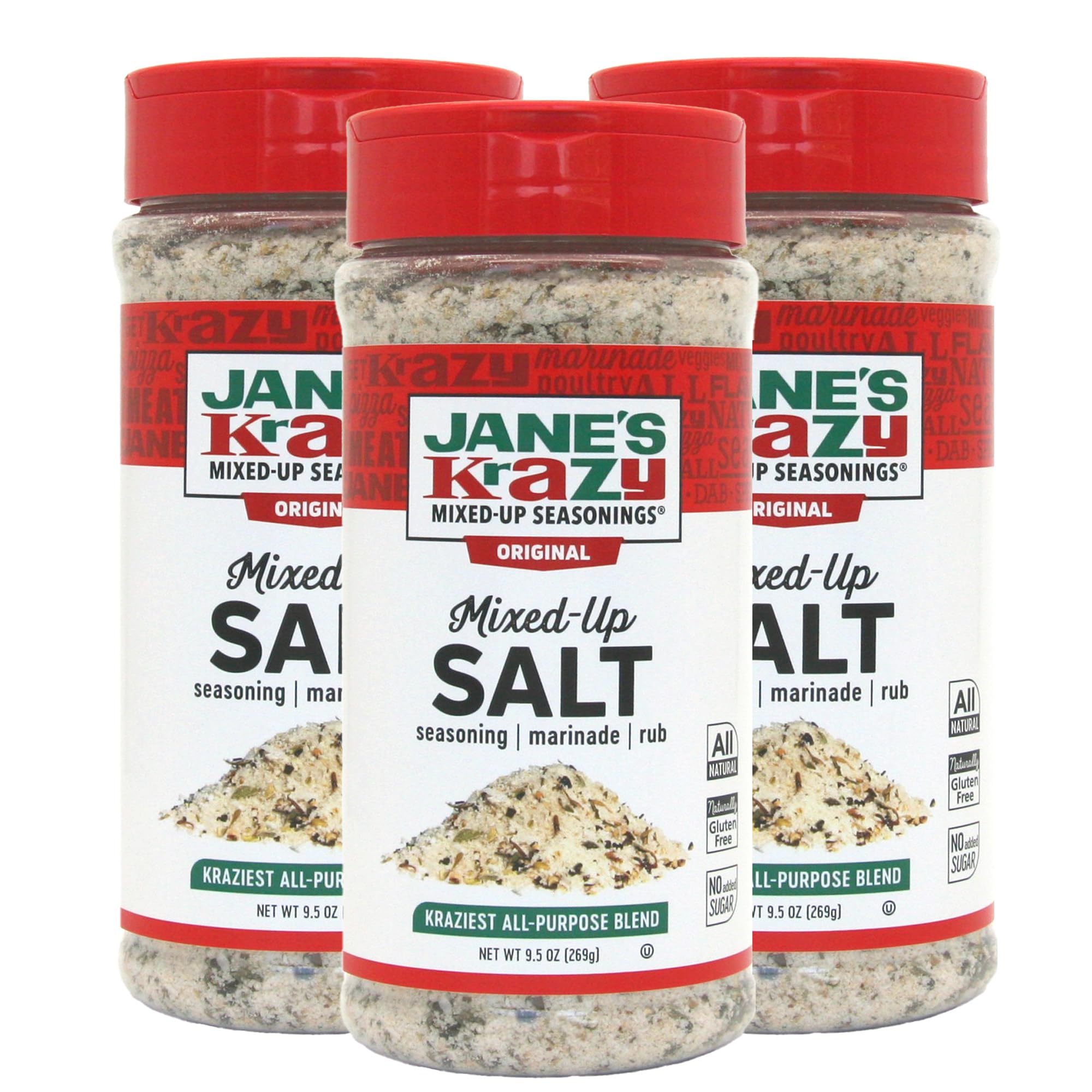 Jane's Krazy Mixed-up Original Salt Blend three-pack packaging on shelf for convenient seasoning.