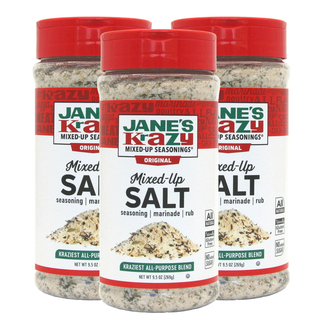 Jane's Krazy Mixed-up Original Salt Blend three-pack packaging on shelf for convenient seasoning.