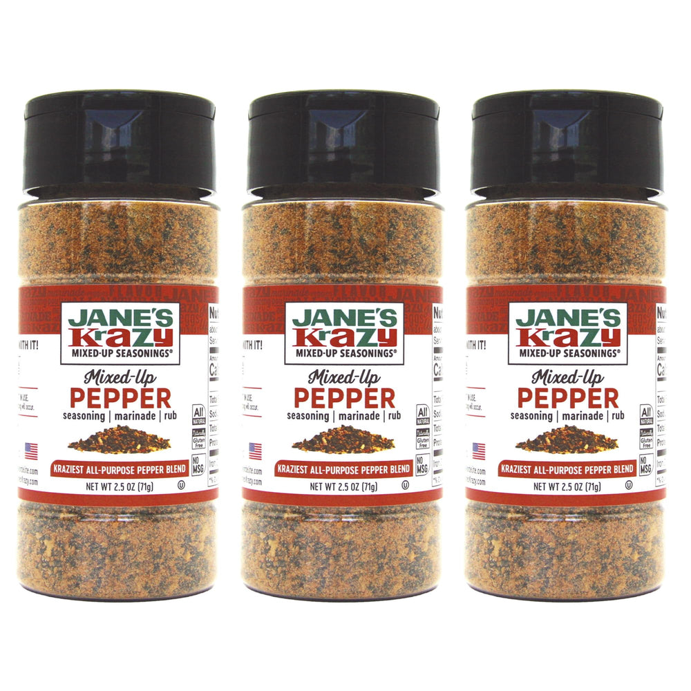 Jane's Krazy Mixed Up Pepper jar front view, ideal everyday seasoning for quick flavor boost.