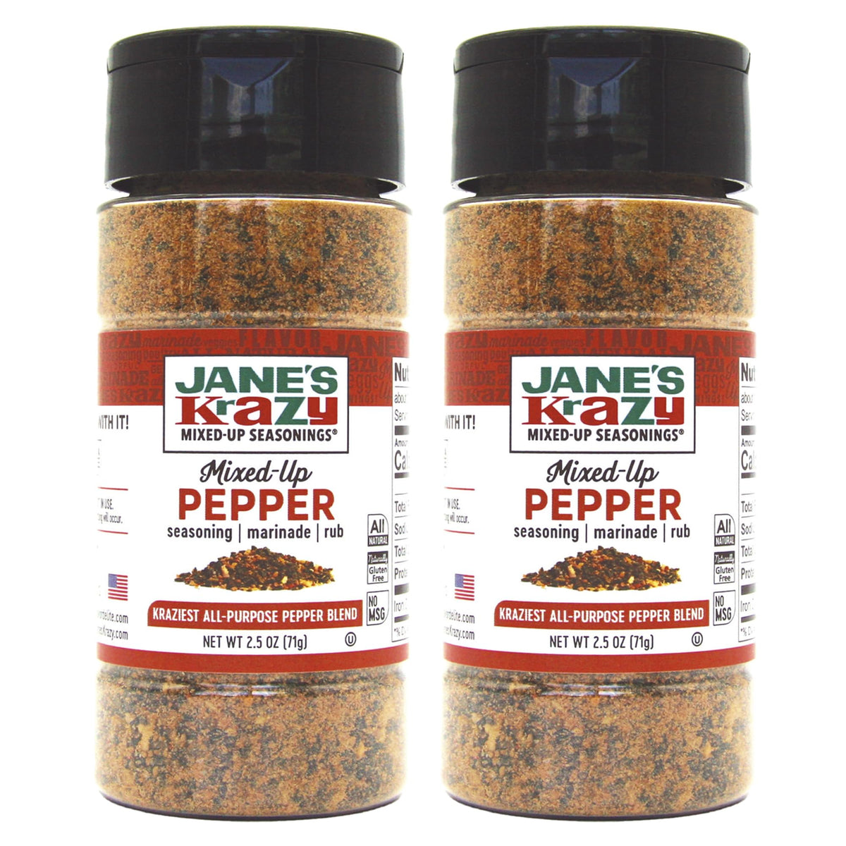 Jane's Krazy Mixed Up Pepper pack front with two jars for quick flavor boosts.