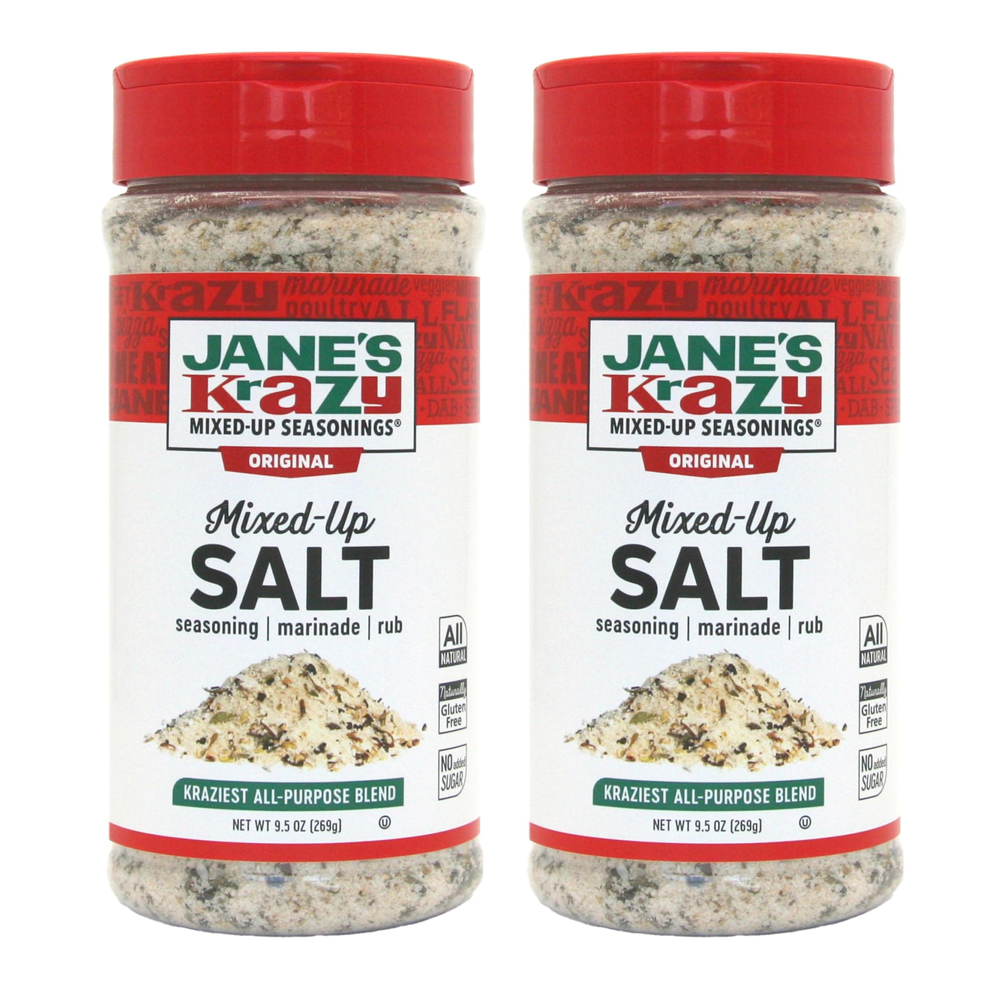 Jane's Krazy Mixed-Up Salt Blend jar front, all-natural seasoning for versatile grilling