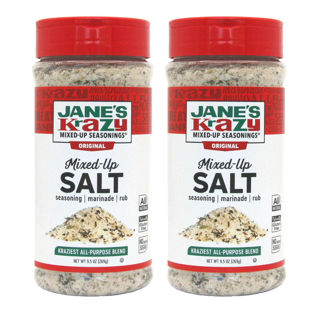 Jane's Krazy Mixed-Up Salt Blend jar front, all-natural seasoning for versatile grilling