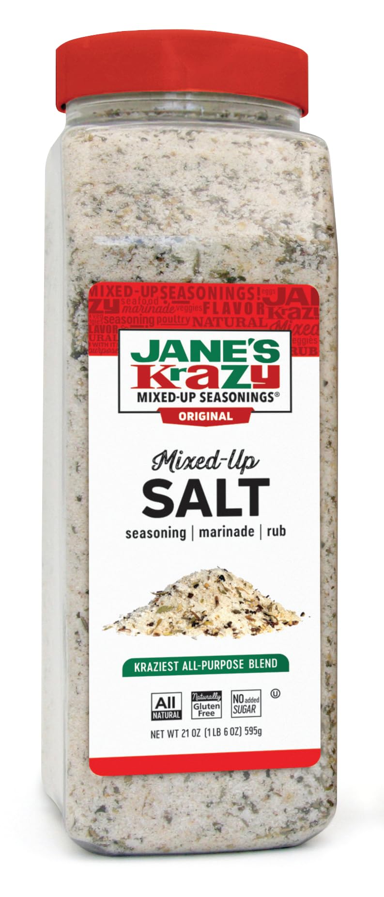Jane's Krazy Mixed-Up Salt bottle closeup; all-natural flavor booster with no MSG.