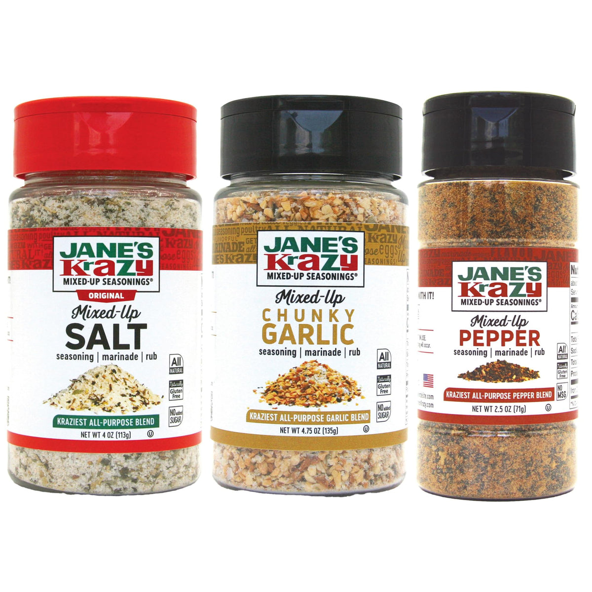 Jane's Krazy Mixed Up Salt bottle enhances poultry and vegetables.