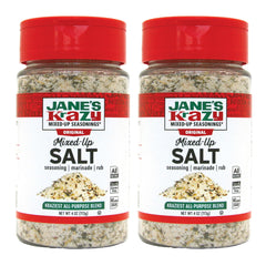Jane's Krazy Mixed Up Salt front view, two-pack seasoning for meats and vegetables.