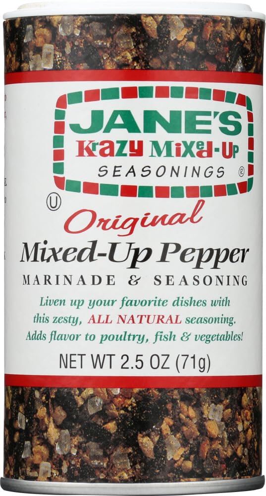 Jane's Krazy Original Mixed-Up Pepper bottle for marinades and seasonings.