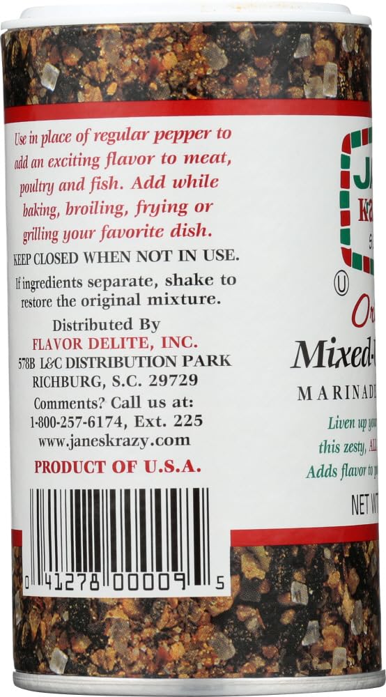 Jane's Krazy Original Mixed-Up Pepper on plate, ideal for marinades and seasonings.