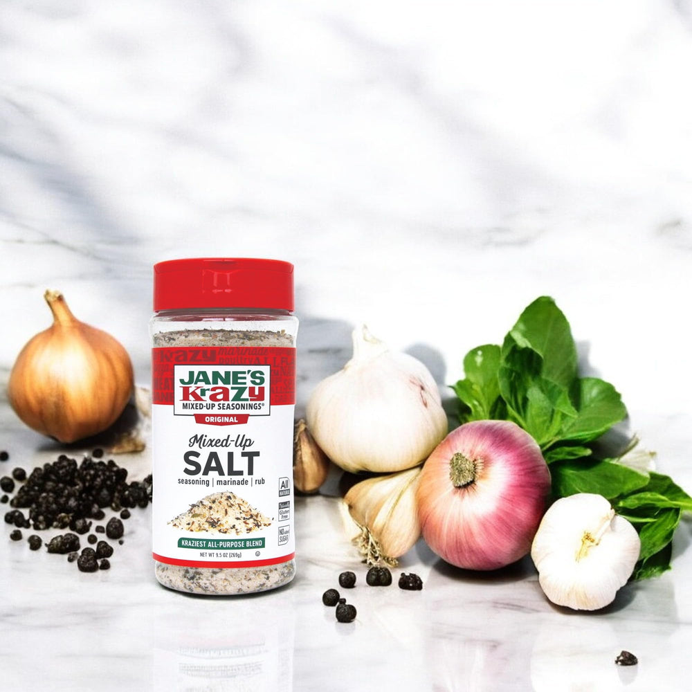 Jane's Krazy Original Salt Blend with resealable lid for easy seasoning.