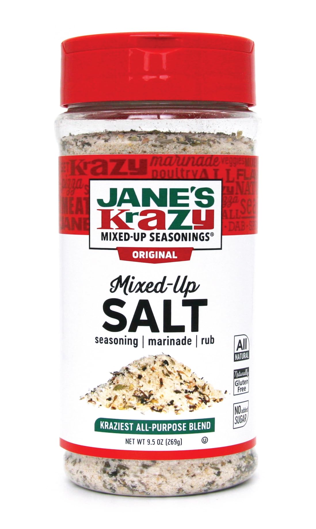 Jane's Krazy Mixed Up Salt Canister on the counter for a quick flavor boost.