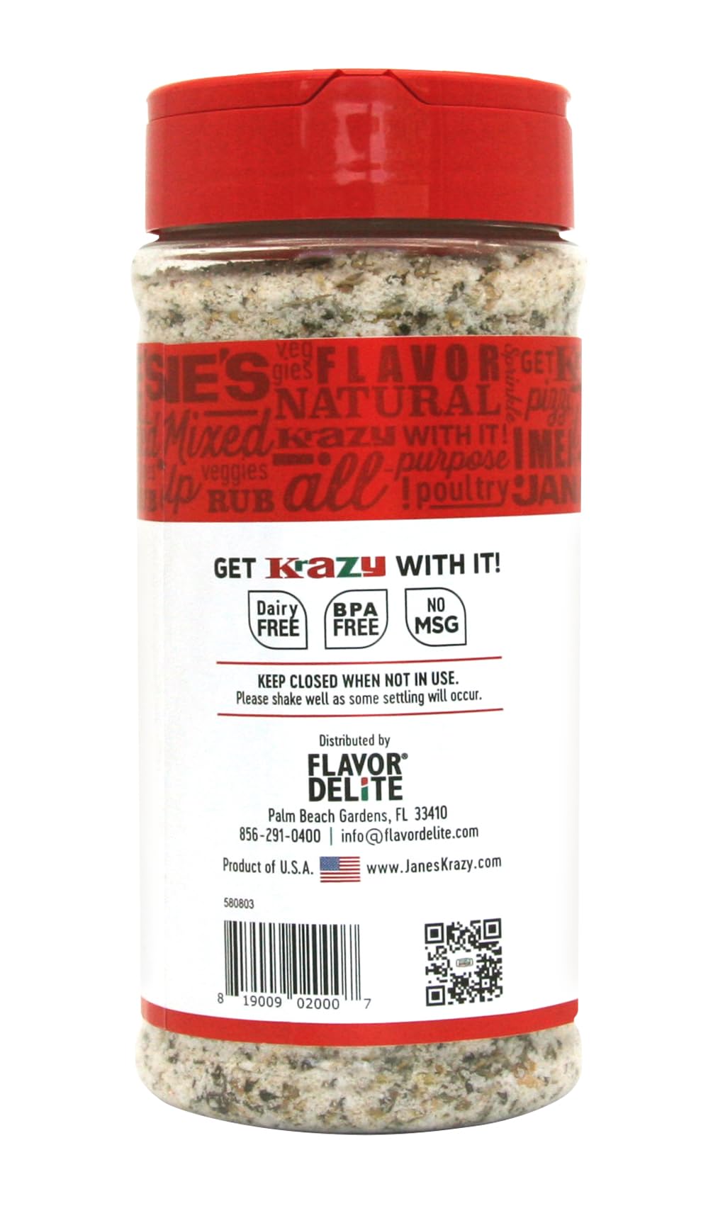 Close-up of Jane's Krazy Mixed Up Salt label showing the savory blend.