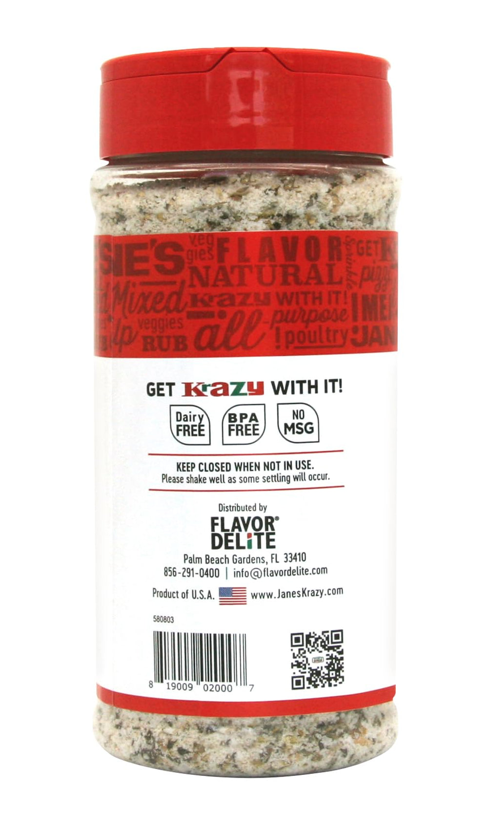 Close-up of Jane's Krazy Mixed Up Salt label showing the savory blend.