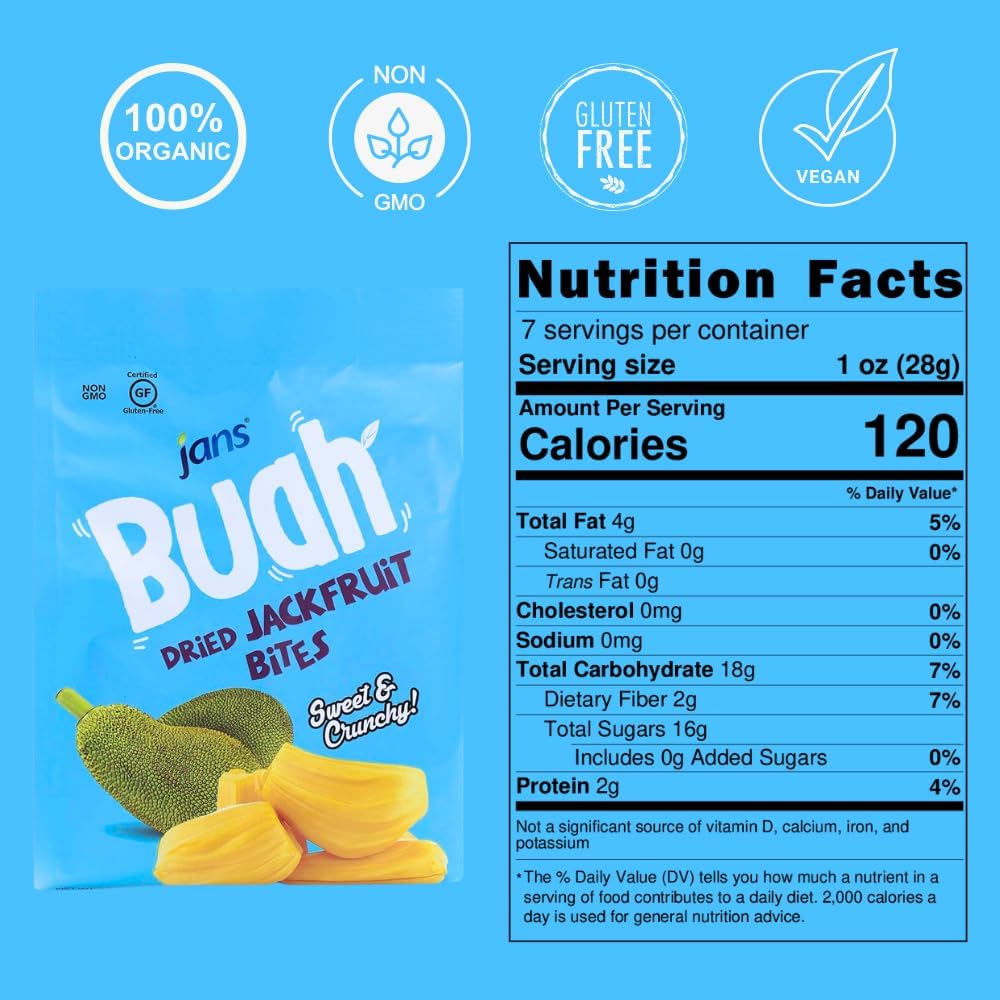 Jans Buah Dried Jackfruit Bites close-up highlighting natural sweetness.