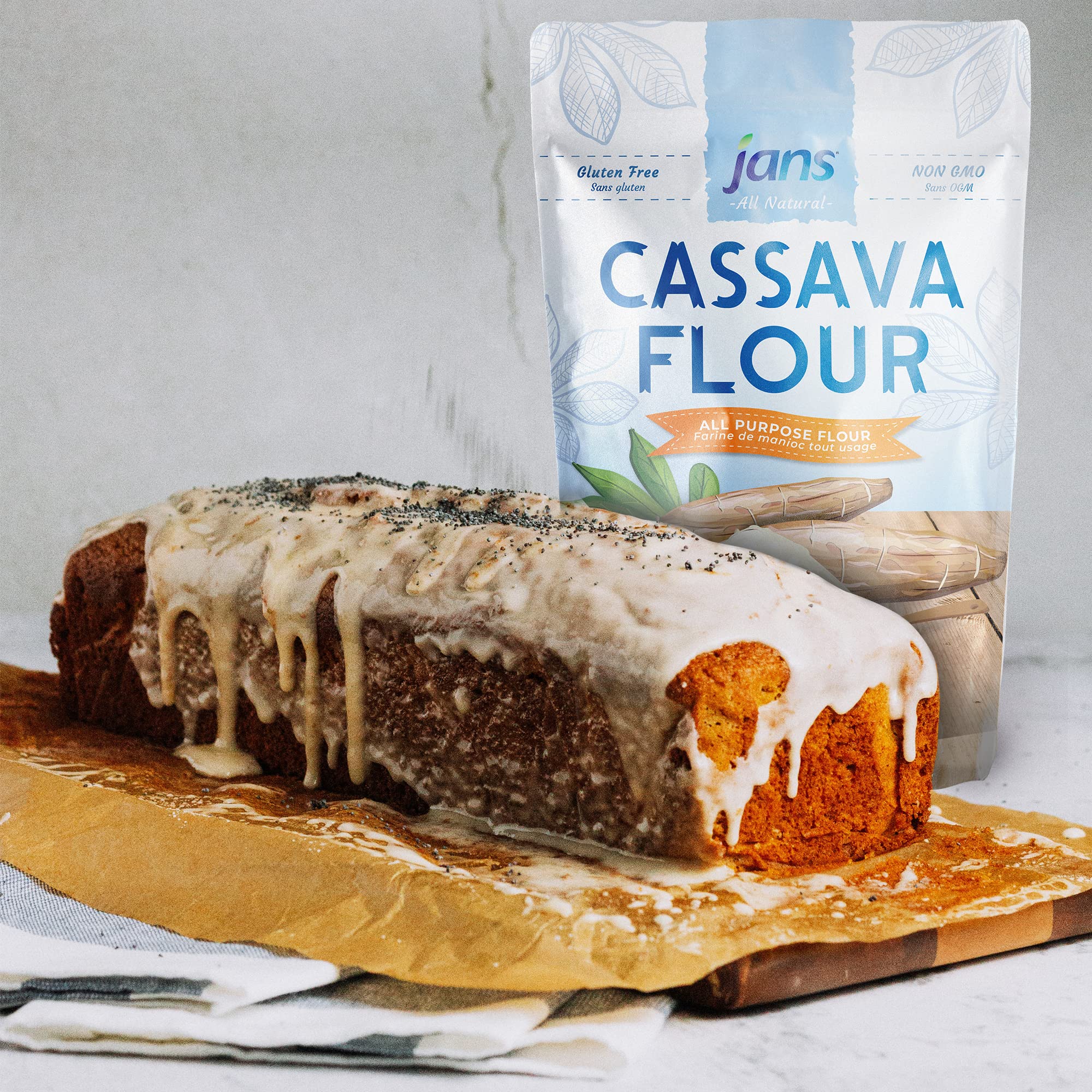Jans cassava flour Indonesian origin label on 2 lb bag.