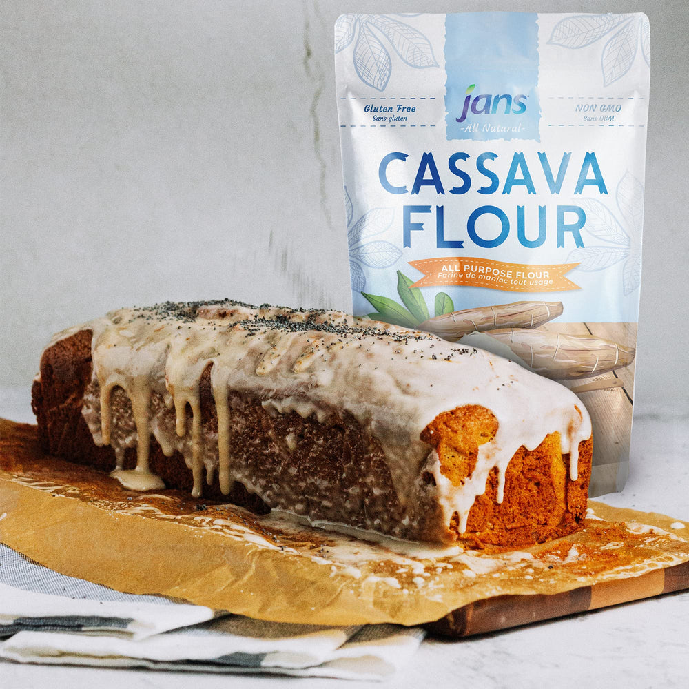 Jans cassava flour Indonesian origin label on 2 lb bag.