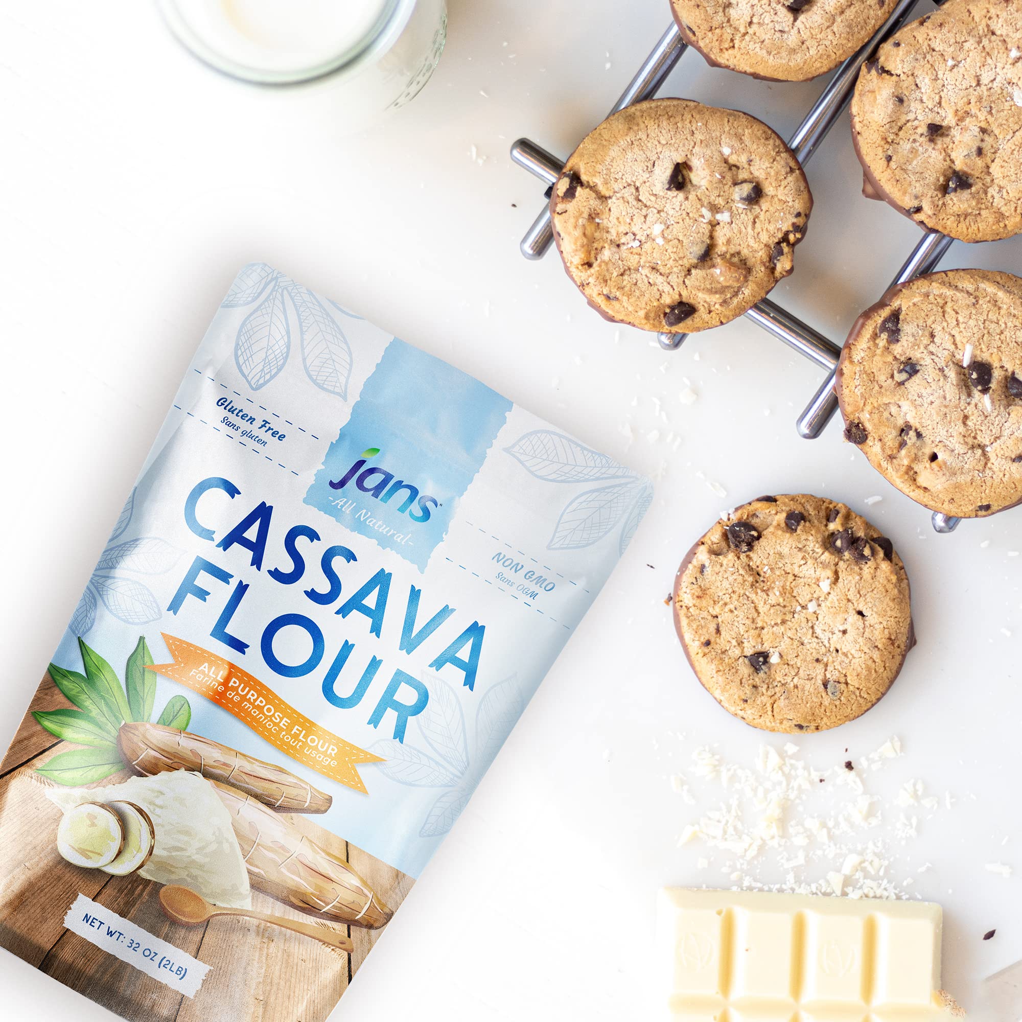 Jans cassava flour package closeup shows natural non-GMO ingredients.