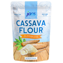Jans cassava flour being poured into a bowl for smooth batter.