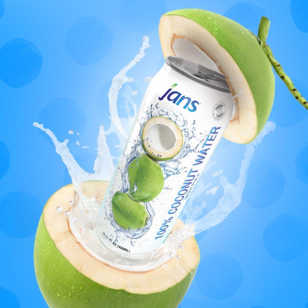 Jans coconut water label close-up shows no added sugar