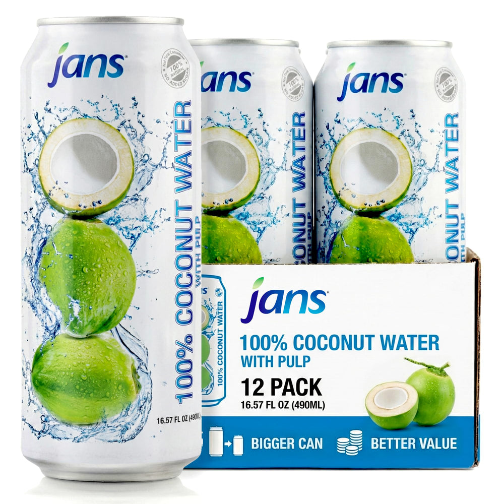 Jans coconut water with pulp can shows natural hydration with real pulp and flavor