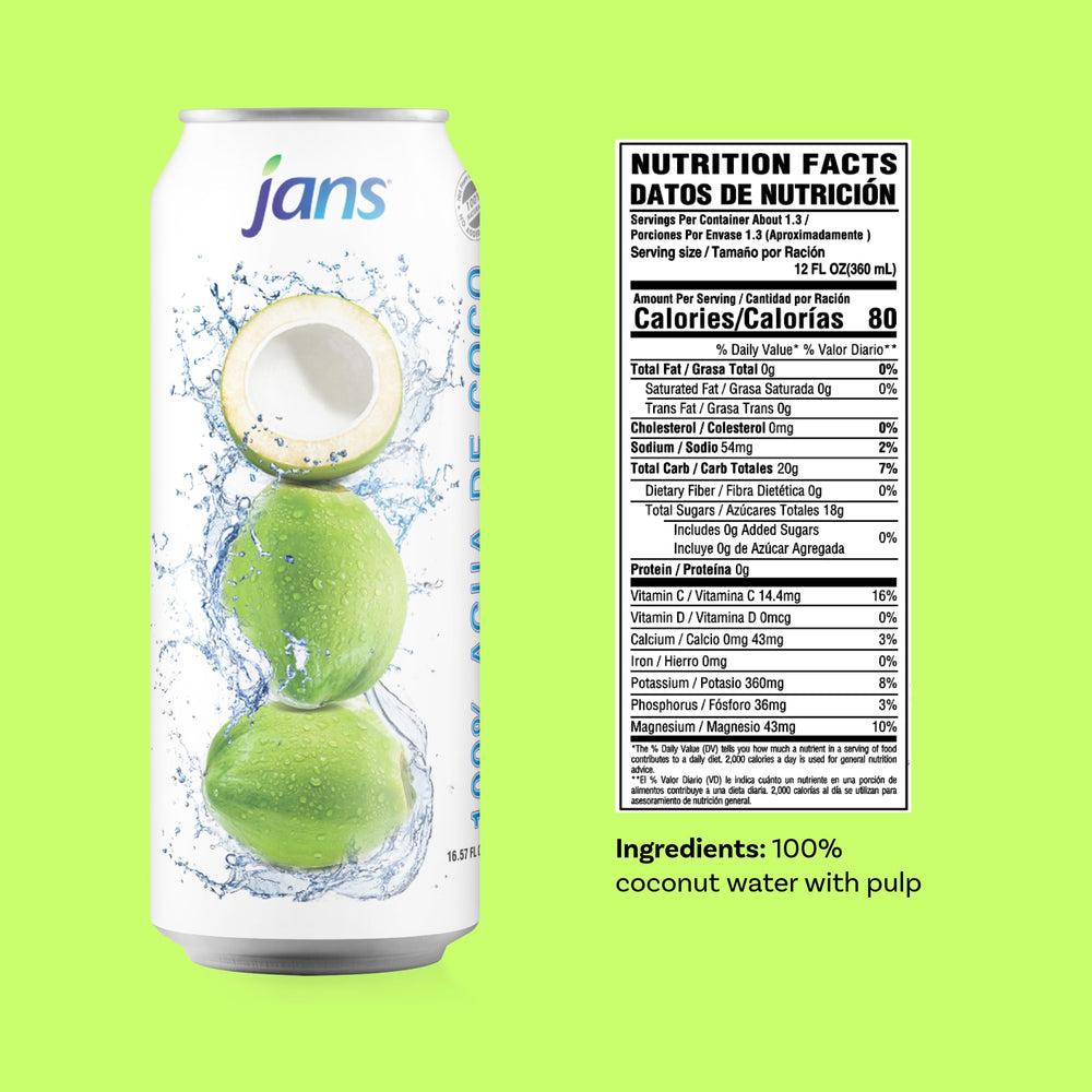 Jans coconut water with pulp close-up highlights real pulp and texture