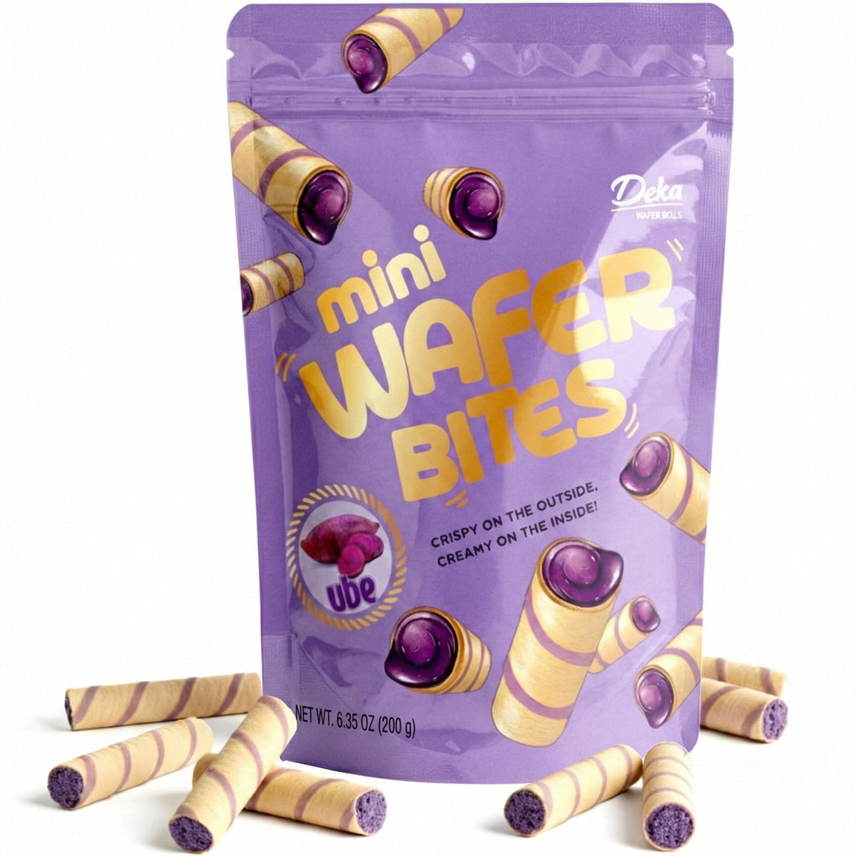 Jans Deka Ube mini wafer bites close-up showing creamy center for snacking.