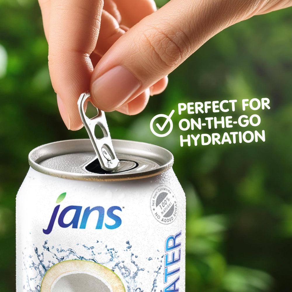 Graphic highlighting electrolytes in Jans coconut water, including potassium
