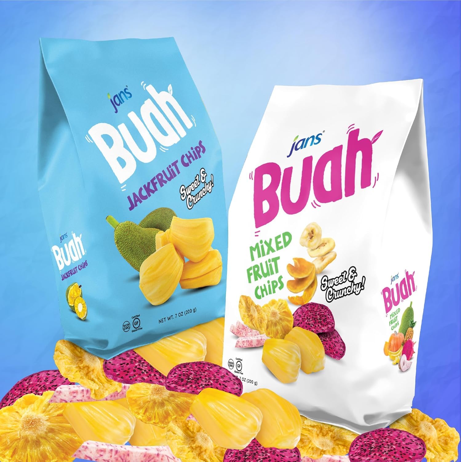 Jans Buah Dried Jackfruit Bites close-up showing vibrant fruit texture.