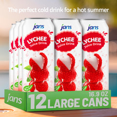 Jans Lychee Juice Drink with Pulp bulk pack of twelve cans for gatherings.