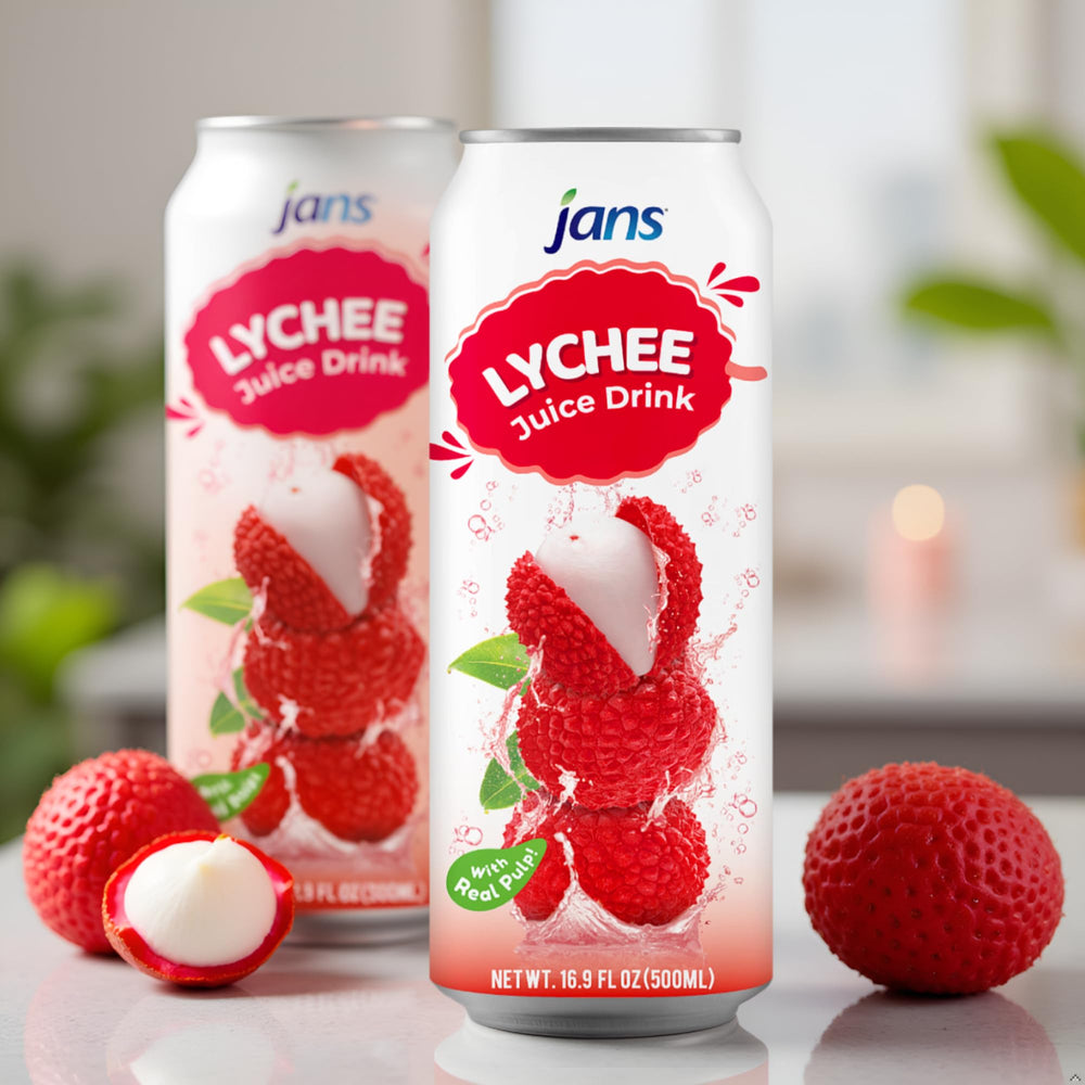 Jans Lychee Juice Drink with Pulp used as a cocktail base for tropical drinks.
