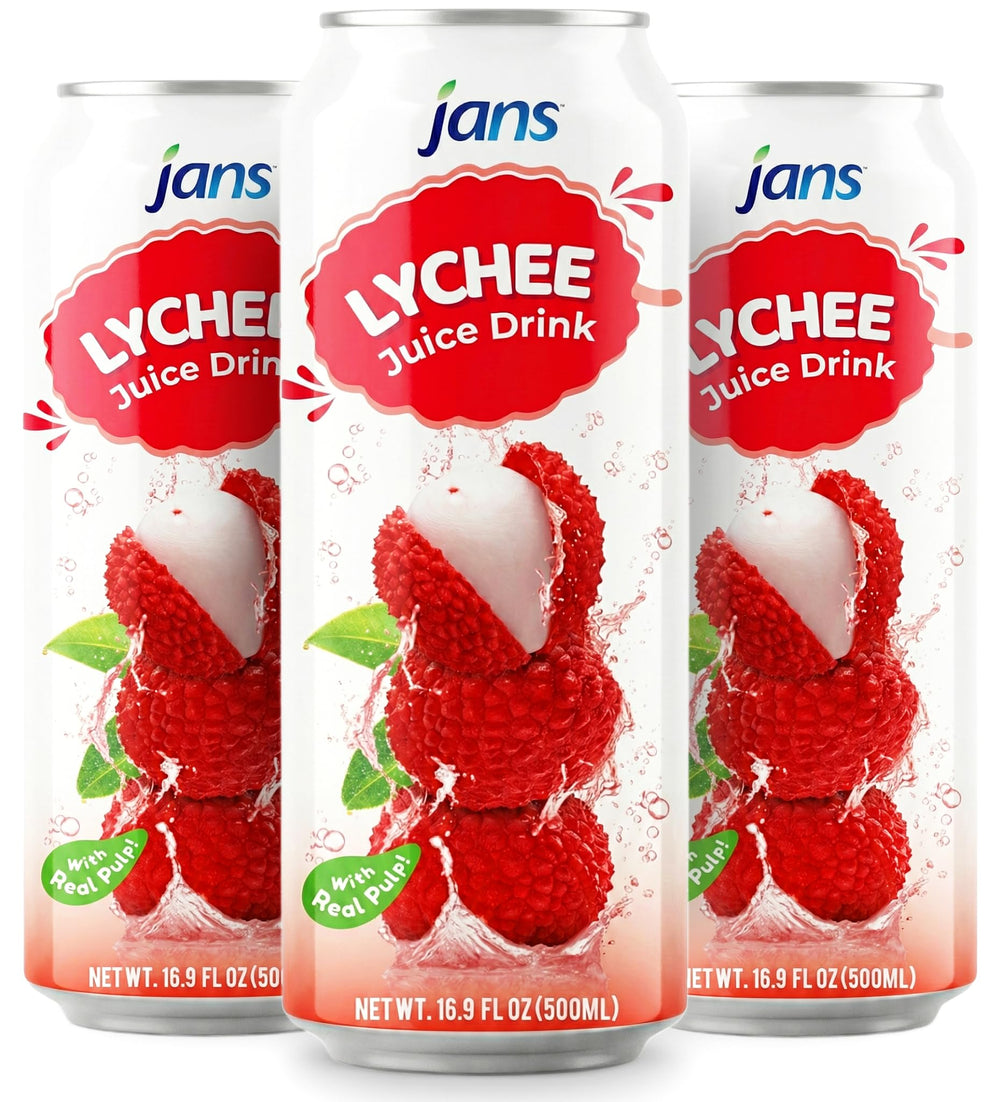 Jans Lychee Juice Drink with Pulp label highlighting premium ingredients.