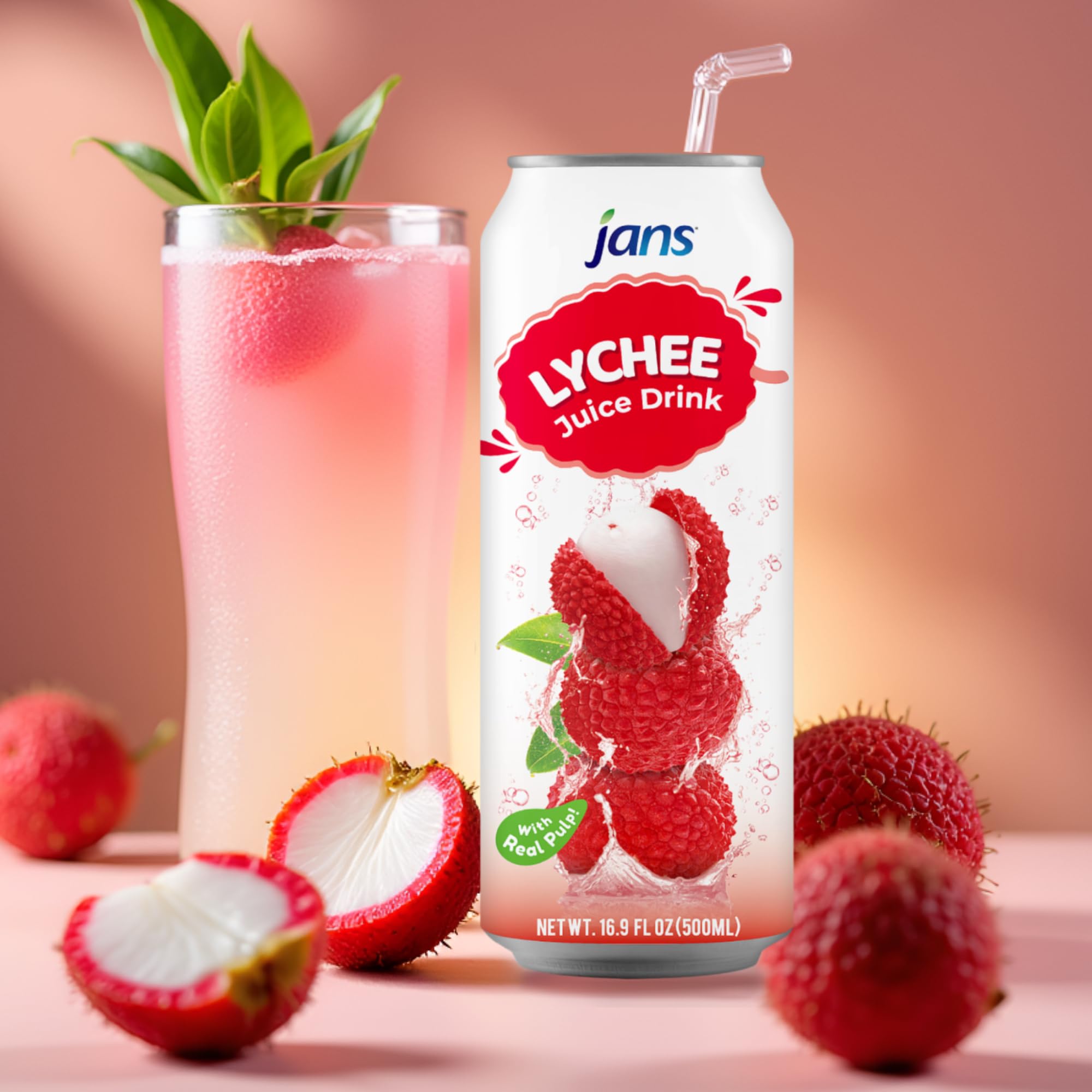 Chilled Jans Lychee Juice Drink with Pulp served on a tropical-themed table.