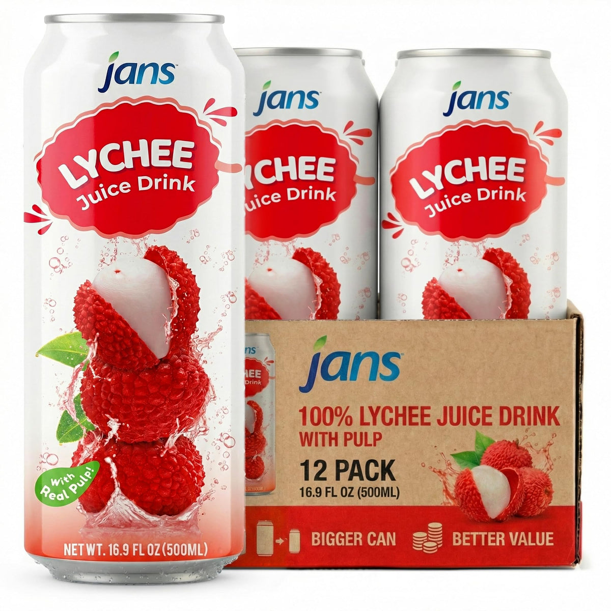 Jans Lychee Juice Drink with Pulp can on a pantry shelf, ideal for bulk stocking.