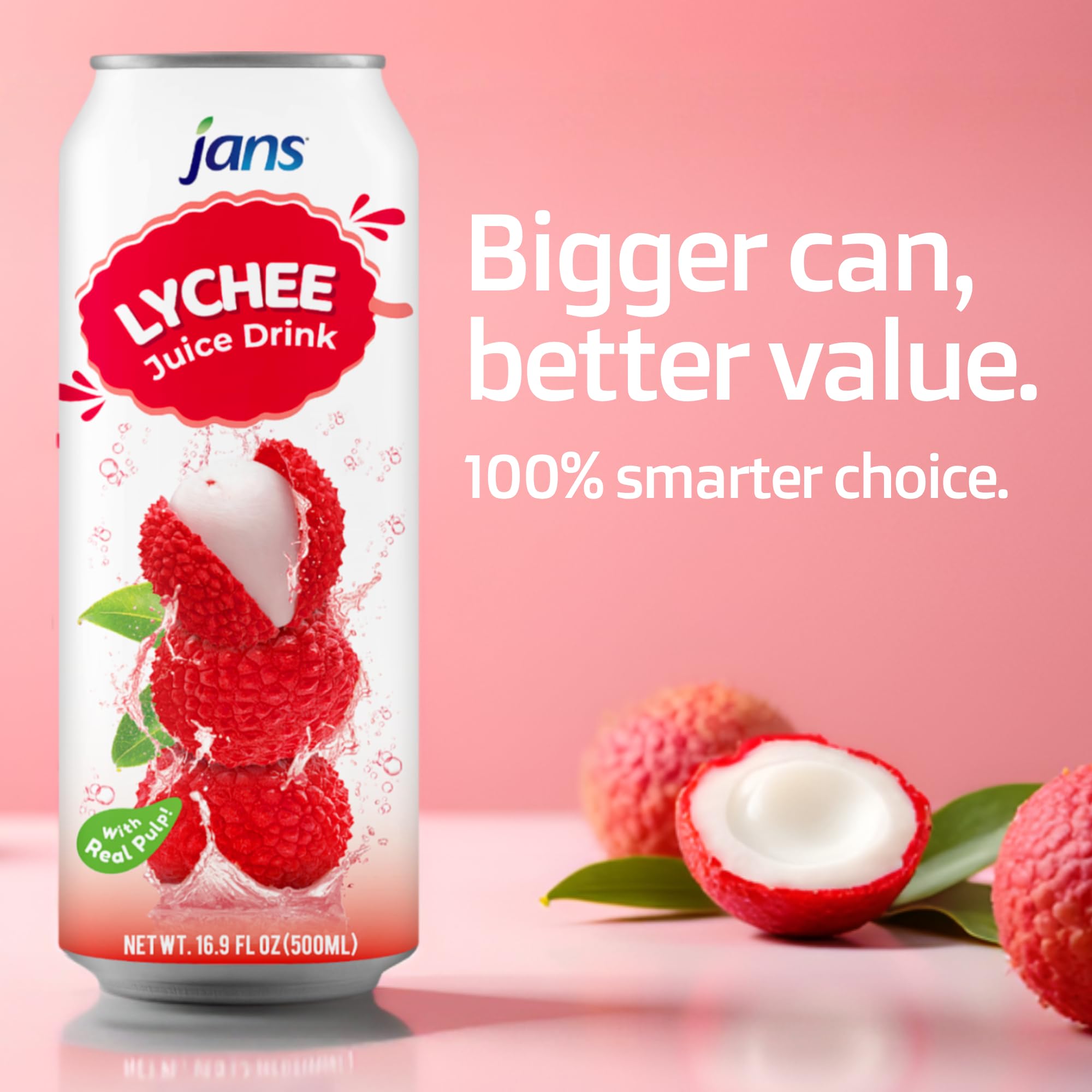 Close-up of Jans Lychee Juice Drink with Pulp pulp texture visible.