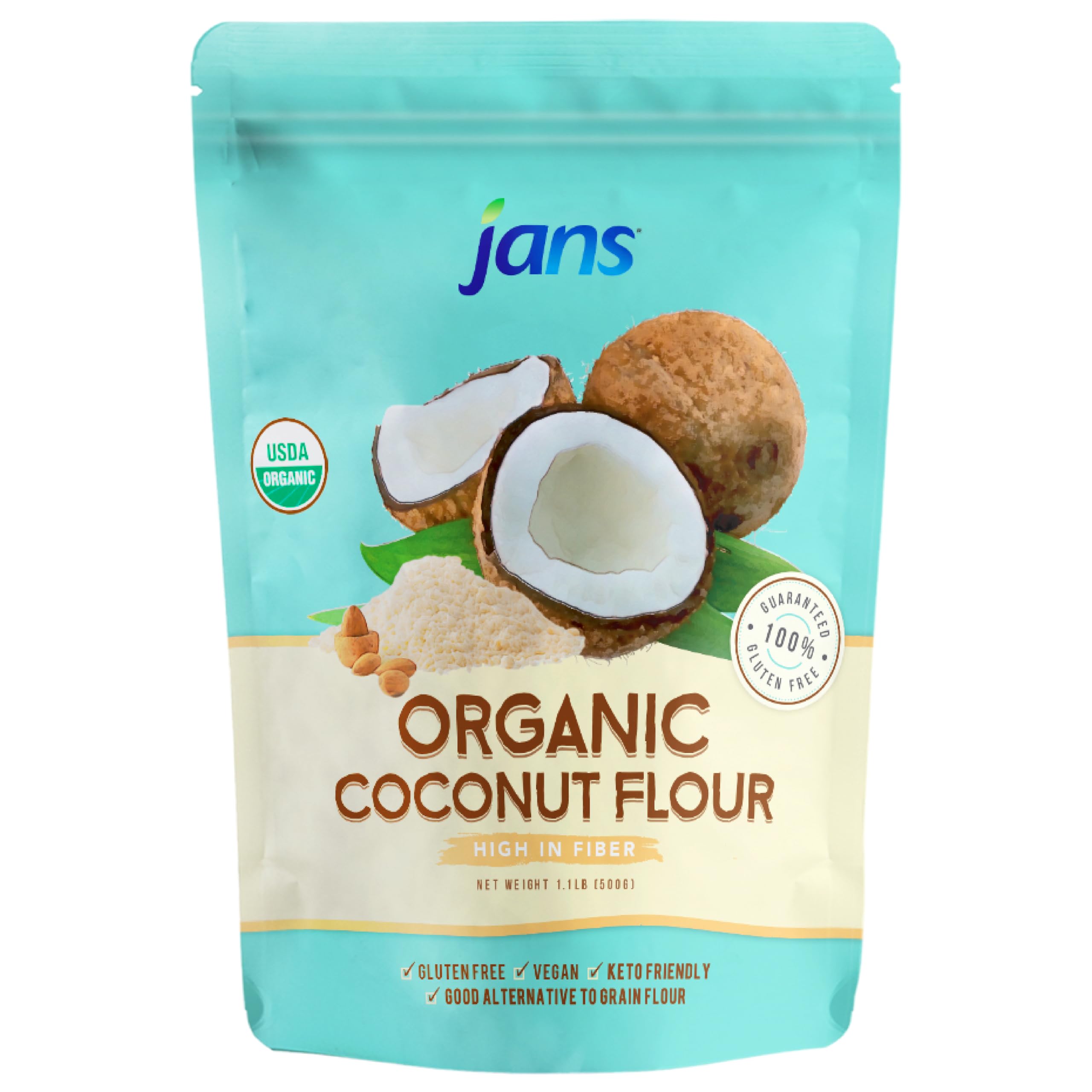 Jans Organic Coconut Flour bowl with batter hints at light textures.