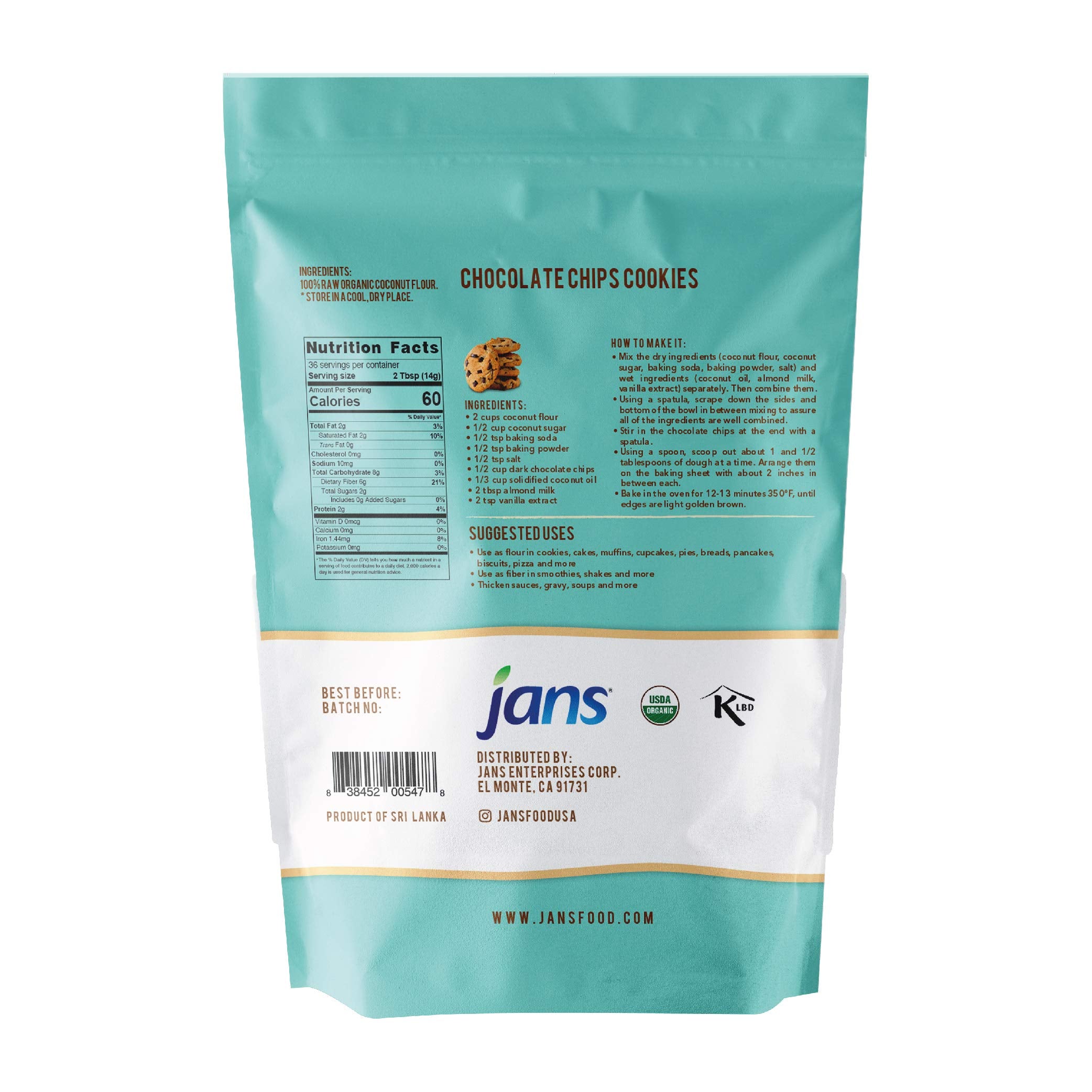 Jans Organic Coconut Flour measuring spoon illustrating precise low-carb portions.