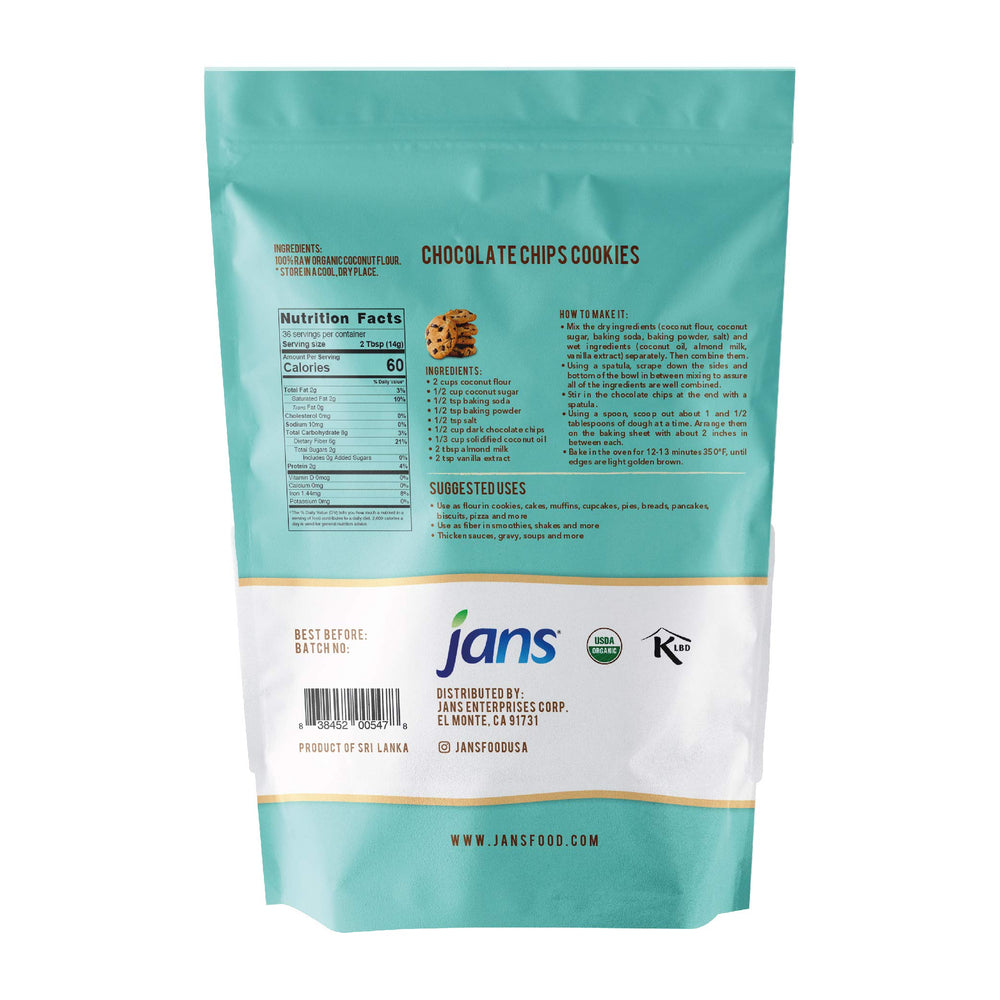 Jans Organic Coconut Flour measuring spoon illustrating precise low-carb portions.