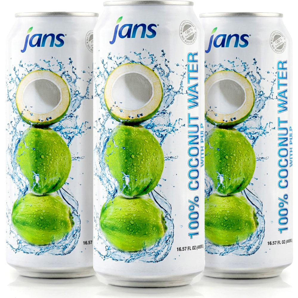 Jans coconut water being poured into a glass, ideal after workouts