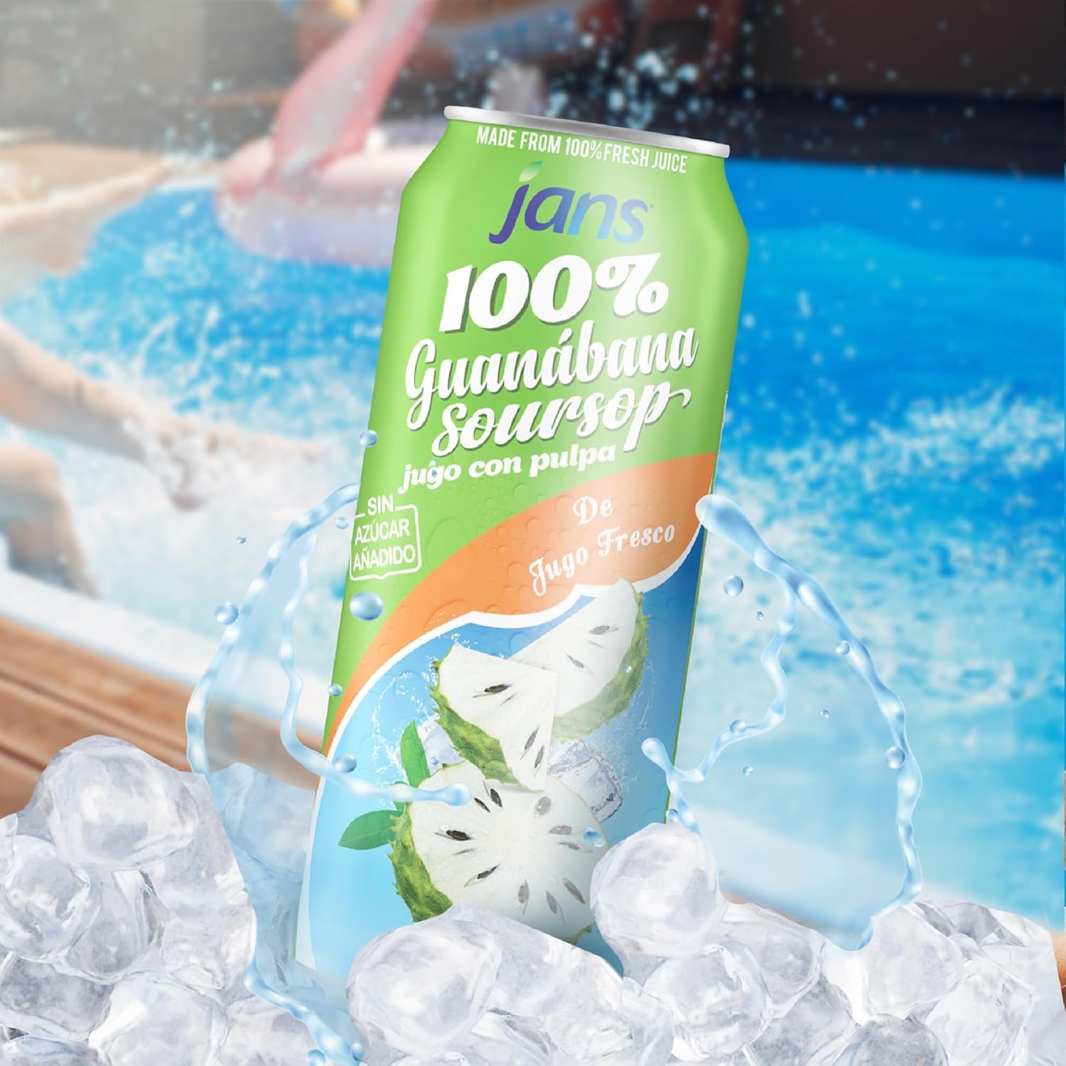 Jans Soursop Juice No Sugar Added emphasizes healthy, guilt-free tropical refreshment.