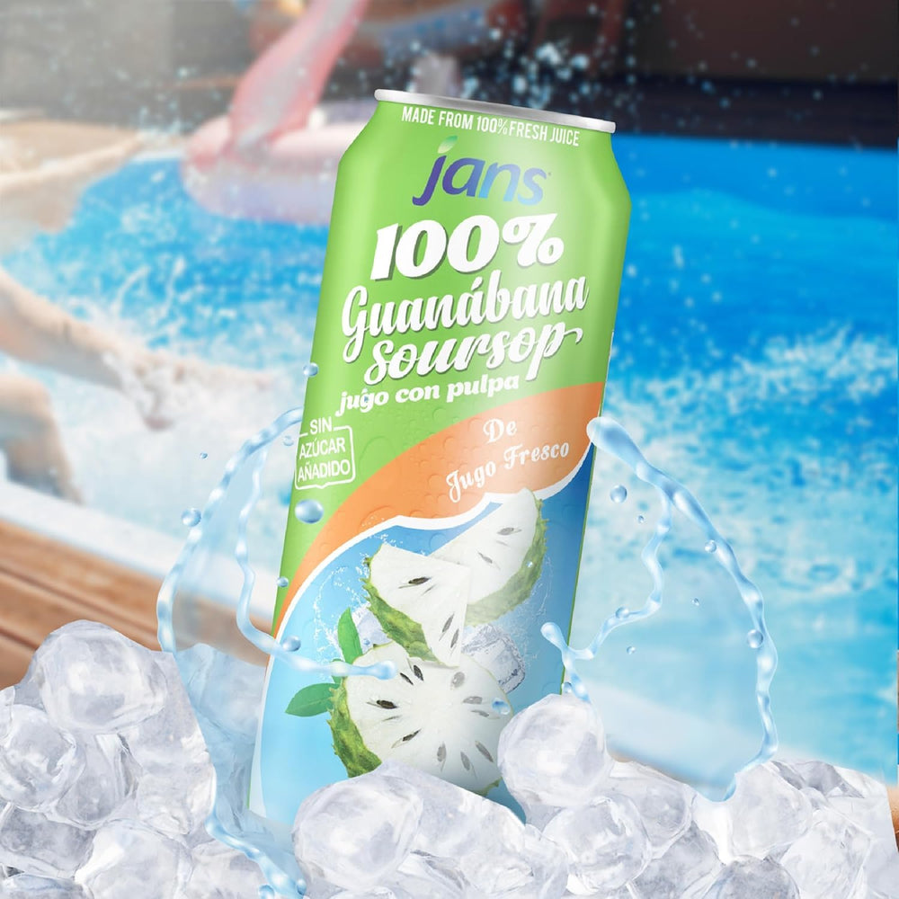 Jans Soursop Juice No Sugar Added emphasizes healthy, guilt-free tropical refreshment.