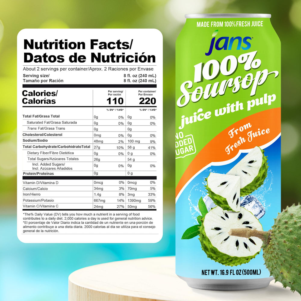 Jans Soursop Juice with Pulp close-up shows real pulp for authentic tropical flavor.