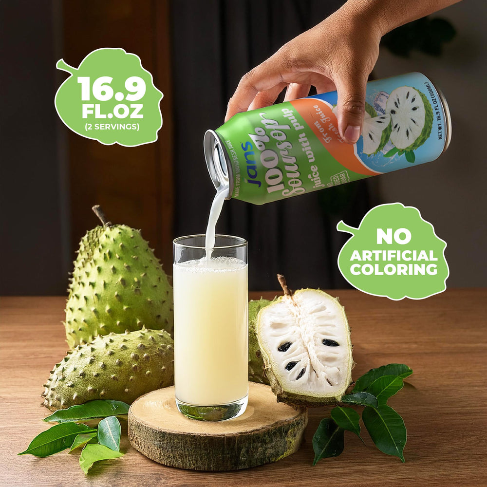 JANS soursop juice poured into glass showcases tropical aroma and pulpy texture bright in color.