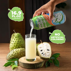 JANS soursop juice poured into glass showcases tropical aroma and pulpy texture bright in color.