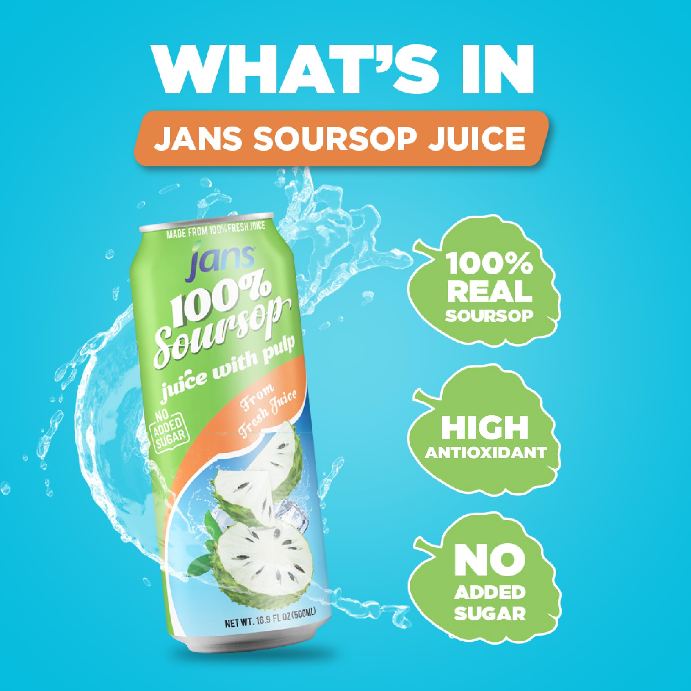 JANS soursop juice on shelf suggests easy pantry access for daily hydration.