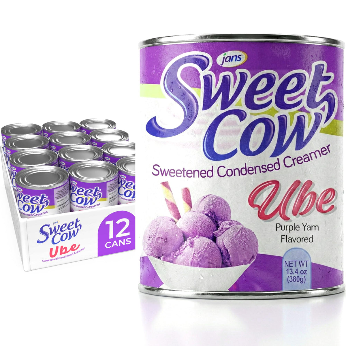 Jans Ube Condensed Milk can front view, showcasing rich flavor for desserts.