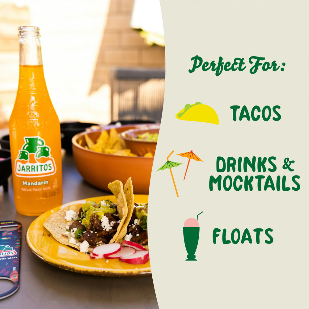 Jarritos glass bottles showcase traditional packaging and vibrant colors.