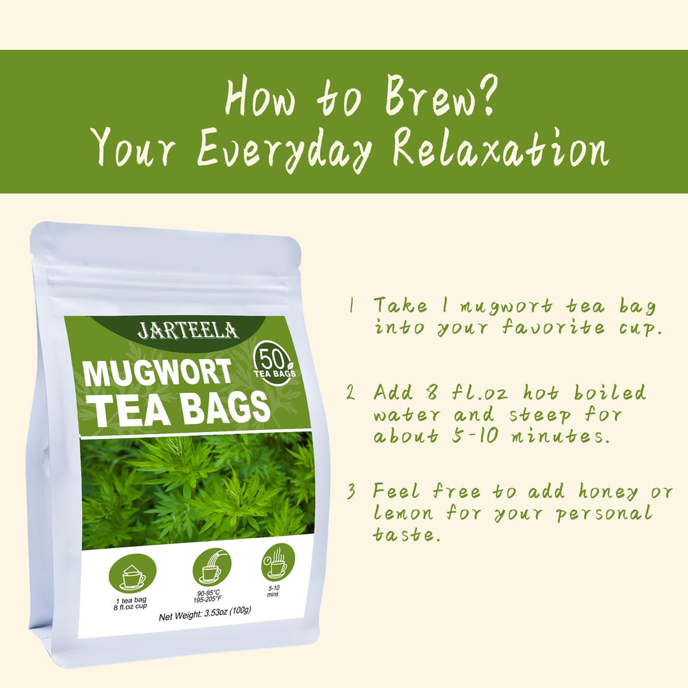 Pouring 90-95°C water over Jarteela mugwort tea bag for optimal infusion.