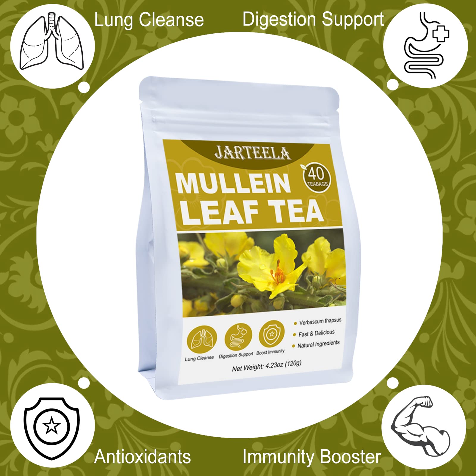 Jarteela brewed mullein tea steeping with soothing aroma and balanced body.